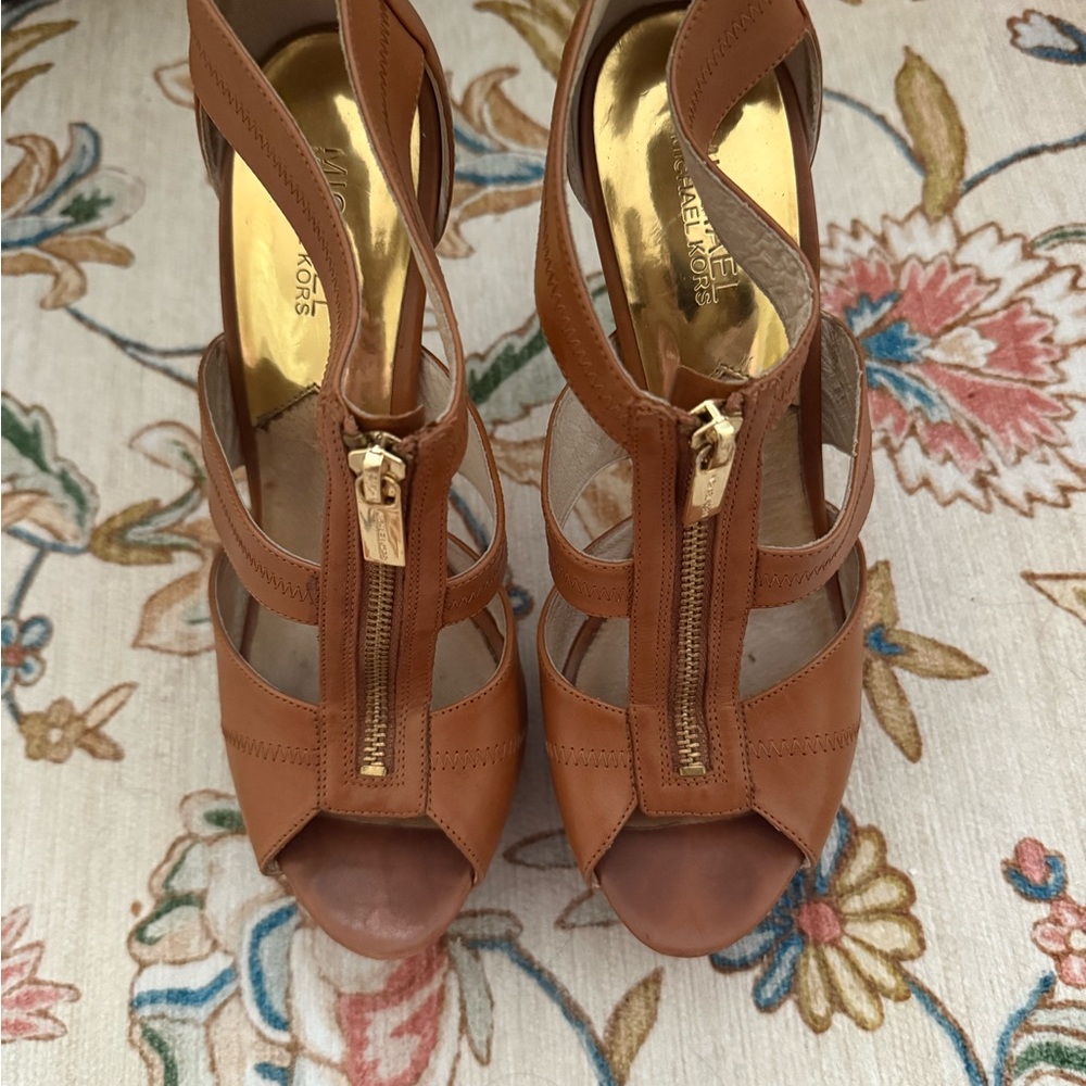 Michael Kors Brown Leather Peep-Toe Slingback Heels with Gold Front Zipper